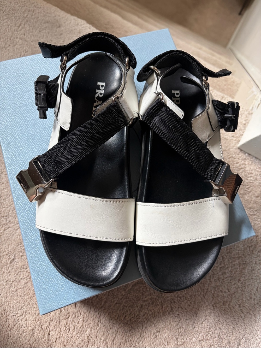Prada Black and White Platform Sandals with Silver Hardware - Picture 13 of 16